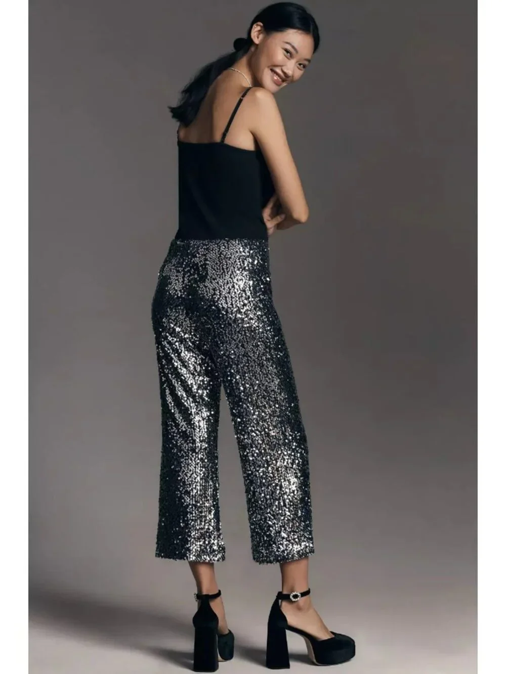 NWT Maeve by Anthropologie Colette in Black Silver Sequin Wide-Leg Crop Pants 28 - Picture 3 of 13